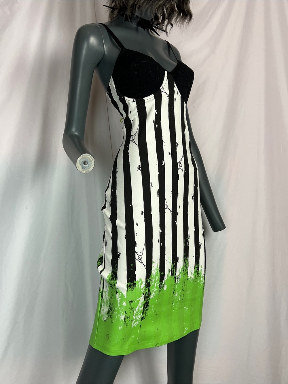 Killstar Black & White Bettlejuice Striped Green Slime Dress